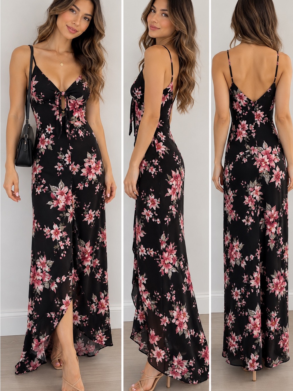 Black Floral Spaghetti-Strap Maxi Dress - Pink Floral